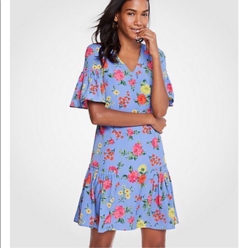 Ann Taylor Blue Floral Flounce Shift Dress